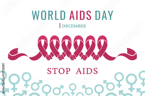 World AIDS DAY. AIDS awareness. Red ribbon with world map on white background. Vector illustration.