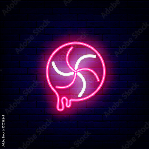 Pink melting candy. Sweet shop neon sign. Candy bar logo. Night bright emblem. Isolated vector stock illustration