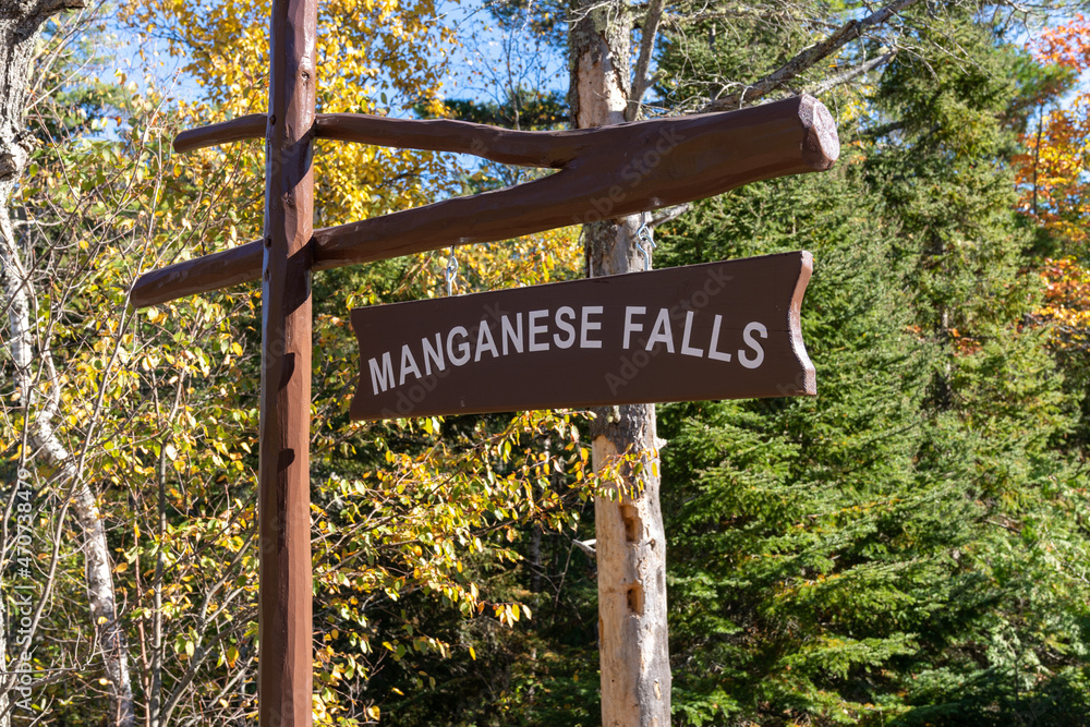 Sign for Manganese Falls waterfall near Copper Harbor, Michigan