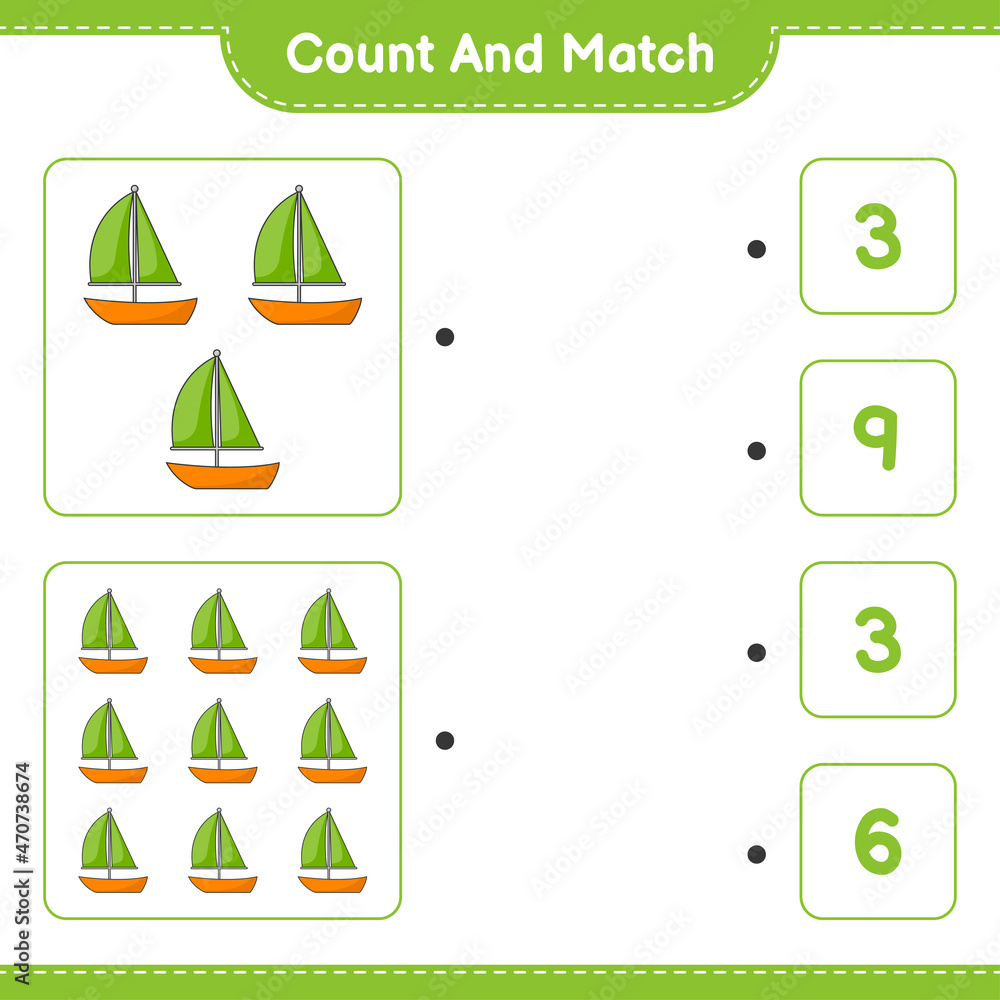 Count and match, count the number of Sailboat and match with the right numbers. Educational children game, printable worksheet, vector illustration Count and match, count the number of Sailboat and match with the right numbers. Educational children game, printable worksheet, vector illustration