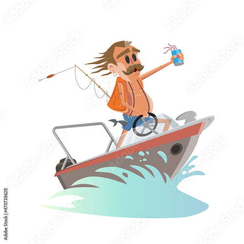 funny cartoon illustration of a fisherman in a boat