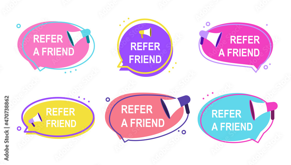 Referral program labels. Vector illustration in flat design. Multicolored icons with black strokes isolated on white backdrop Referral program labels. Vector illustration in flat design. Multicolored icons with black strokes isolated on white backdrop