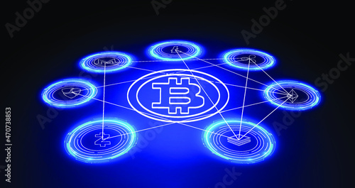 Digital currency or cryptocurrency mining farm. Creation of bitcoins. Bitcoin conceptual background with blue glowing electric lights in style hud.