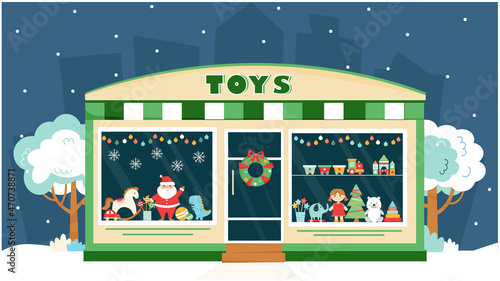 Toy shop window with Christmas decoration. Christmas shop. Childrens toys on the shop window. Doll, teddy bear, car, steam, pyramid, ball, dino.Toy shop front. Vector illustration in flat style. photo