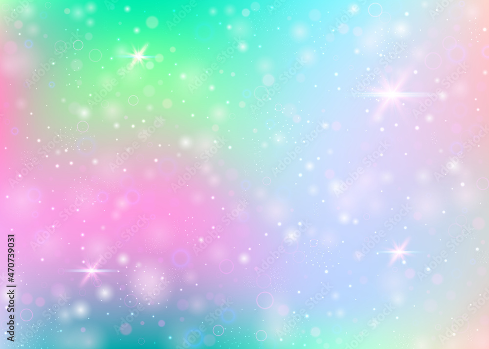 Fototapeta Holographic background with rainbow mesh. Cute universe banner in princess colors. Fantasy gradient backdrop with hologram. Holographic unicorn background with fairy sparkles, stars and blurs.