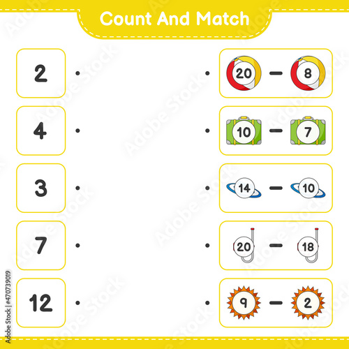 Count and match, count the number of Sun, Ball, Luggage, Hat, Mask and match with the right numbers. Educational children game, printable worksheet, vector illustration