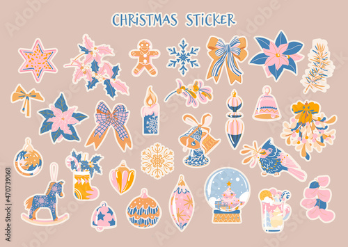 Christmas holiday sticker vector set in pastel color. Collection of Christmas and New Year element isolated on beige background. Colorful illustration in flat style
