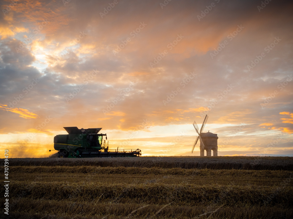 Fototapeta premium A working combine harvester silhouetted against a stunning sunset in the middle of a wheat field. In the distance is a historic windmill