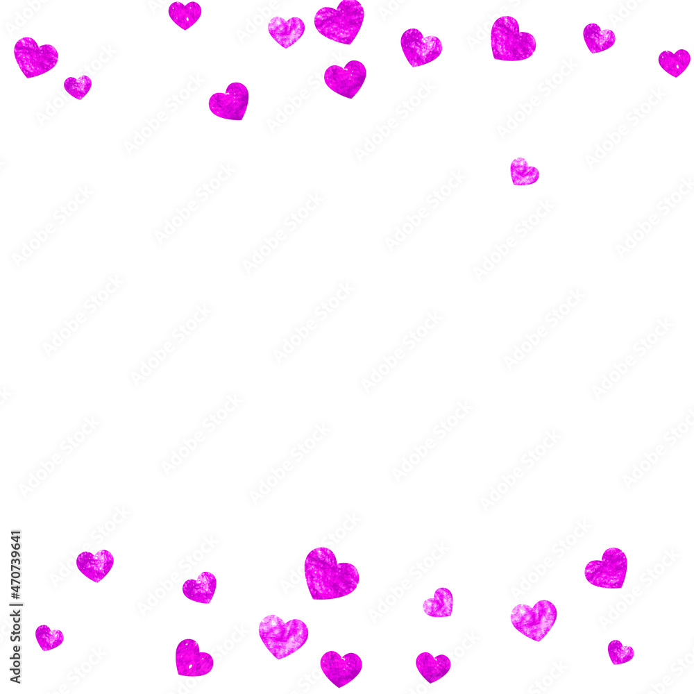 Valentines day border with pink glitter hearts. February 14th day. Vector confetti for valentines day border template. Grunge hand drawn texture. Love theme for voucher, special business ad, banner.