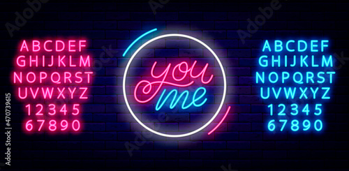 You me neon lettering. Happy Valentines Day concept. Outer glowing effect banner. Isolated vector illustration