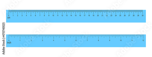 30 centimeters and 12 inches blue rulers isolated on white background. Math or geometric tool for distance, height or length measurement with markup and numbers. Vector flat illustration.
