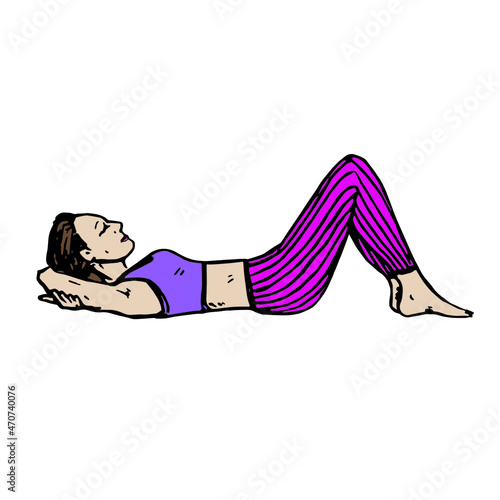 Girl pumping press in bright pink leggings, hand drawn doodle, drawing, sketch illustration