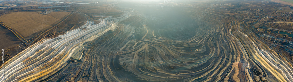 Open pit mine in mining and processing plant, aerial view