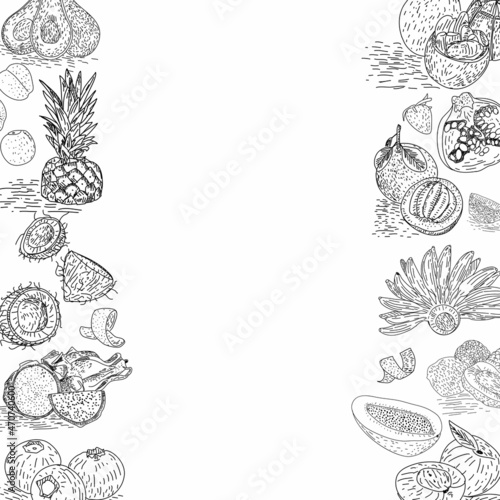 Fruit collection in flat hand drawn style, illustrations set. Decorative retro style collection hand drawn farm product for restaurant menu. Vector.