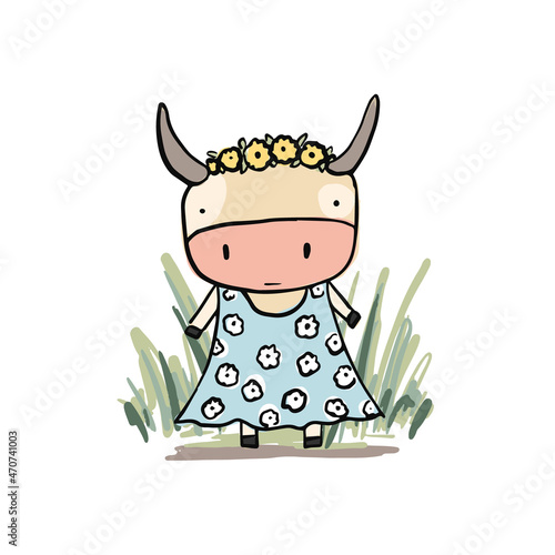 Cute sketch hand drawn color pencil cow in blue floral dress illustration. Bright cartoon summer childish funny farm animal for kids print design, textile decoration, greeting cards, stickers, logo