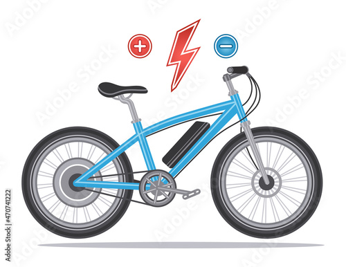 Electric bike with electrical motor wheel. E-bike, hybrid bicycle with electro power engine, pedal assist system, energy accumulator battery. Speed street two wheeled transport, ecologic ride. Vector