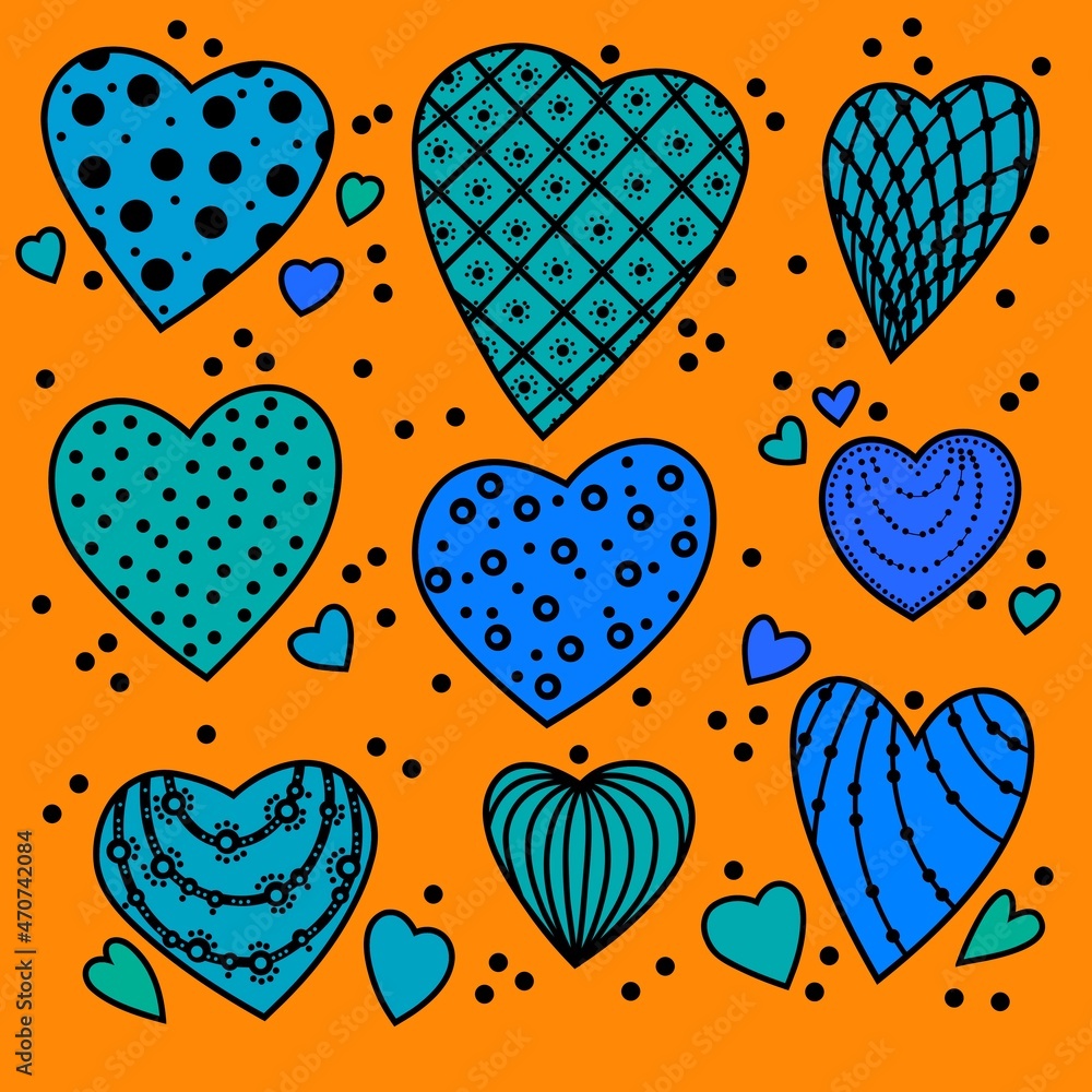 Green blue hearts with patterns on an orange background. Set of isolated hearts for Valentine's Day. Festive background. Collection of elements for festive design and creative ideas. Green blue hearts with patterns on an orange background. Set of isolated hearts for Valentine's Day. Festive background. Collection of elements for festive design and creative ideas.