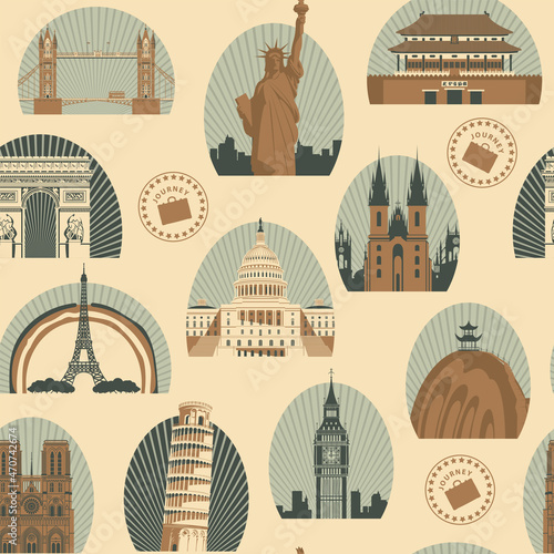 Vector seamless pattern on a theme of world tourism with architectural landmarks. Repeating background in retro style with various world sights. Suitable for wallpaper, wrapping paper, fabric