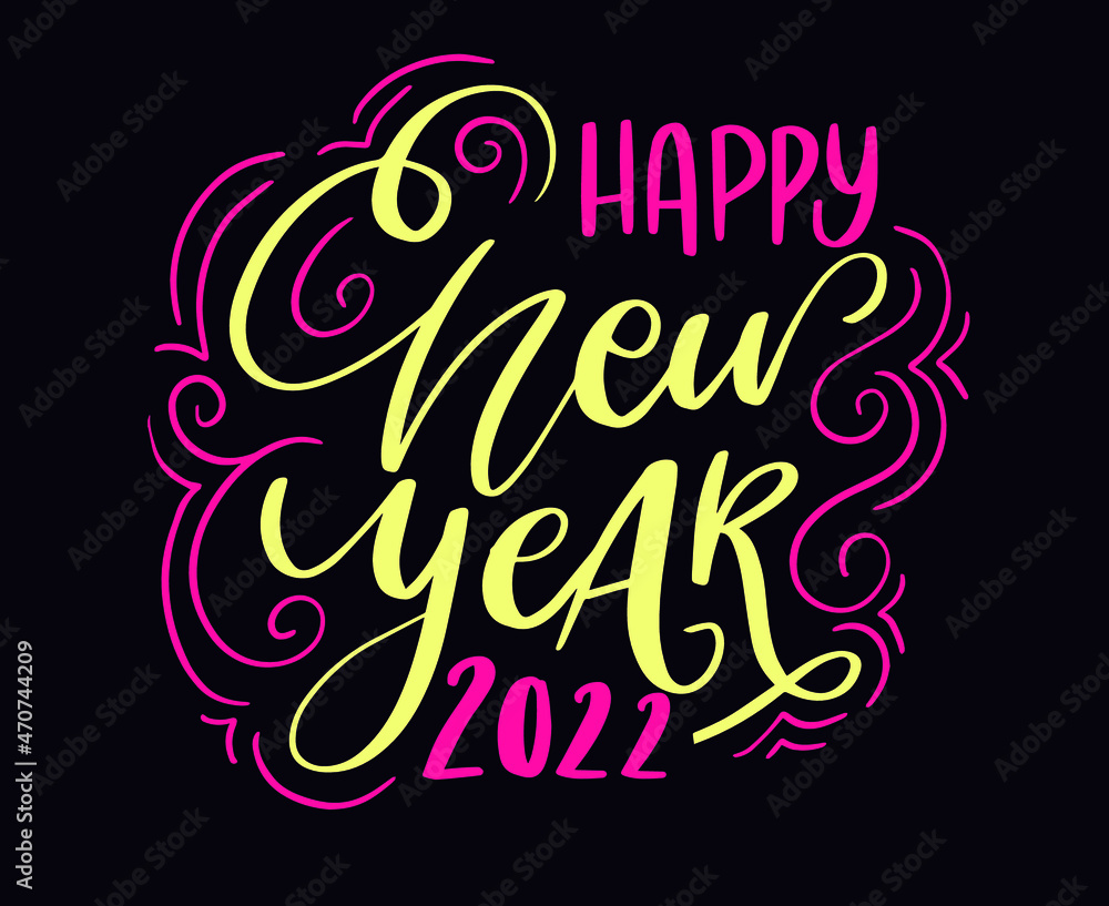 2022 Happy New Year Holiday Illustration Vector Abstract Pink And Yellow With Black Background