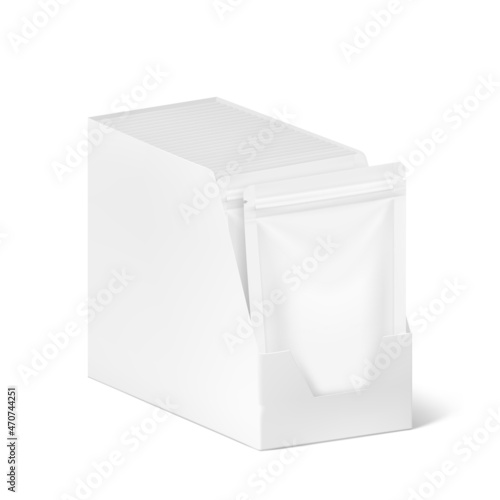 Show box with pouch pack packaging mockups for food, pet, cosmetic or hygiene. Vector illustration on white background. Ready for your design. EPS10.	