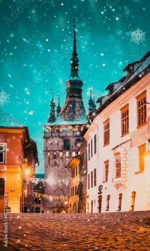 winter night in medieval town of Sighisoara