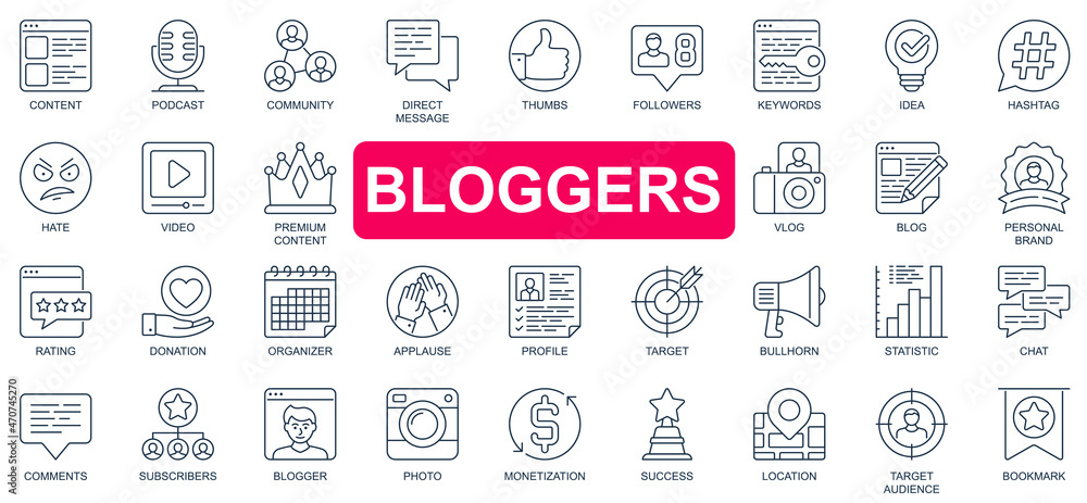 Bloggers concept simple line icons set. Bundle of content, podcast, comment, followers, personal brand, rating, donation, target and other. Vector pack outline symbols for website or mobile app design
