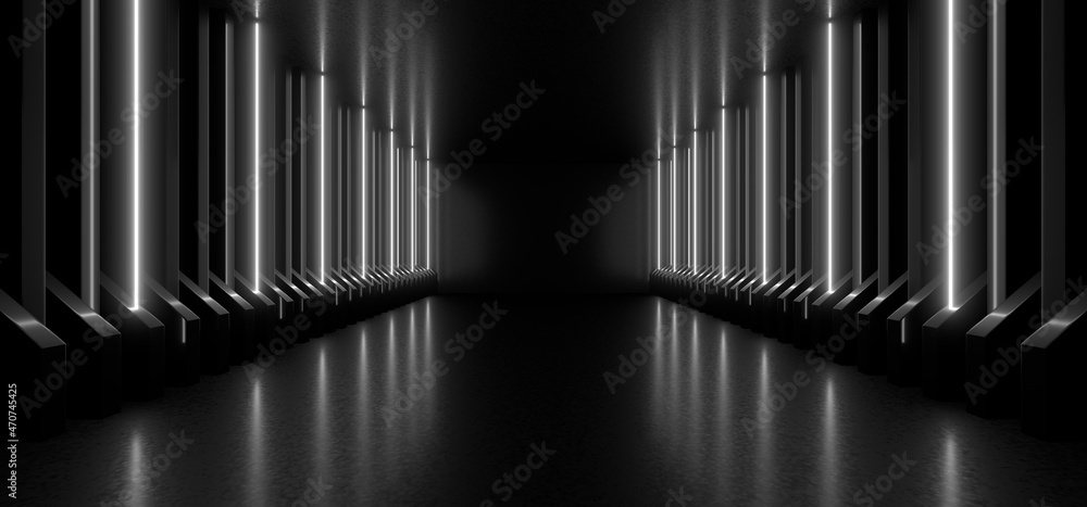 A dark tunnel lit by white neon lights. Reflections on the floor and walls. 3d rendering image. A dark tunnel lit by white neon lights. Reflections on the floor and walls. 3d rendering image.