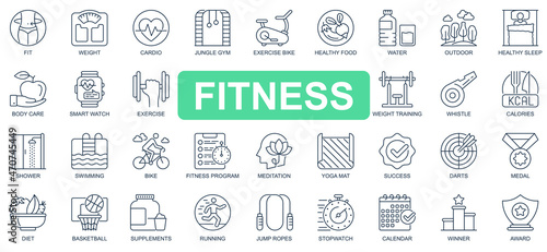 Fitness concept simple line icons set. Bundle of fit, weight, cardio, gym, exercise bike, training, swimming, running, diet and other. Vector pack outline symbols for website or mobile app design