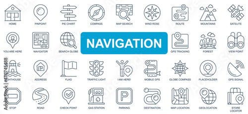 Navigation concept simple line icons set. Bundle of home, pinpoint, compass, map, search, route, mountains, satellite, tracking and other. Vector pack outline symbols for website or mobile app design