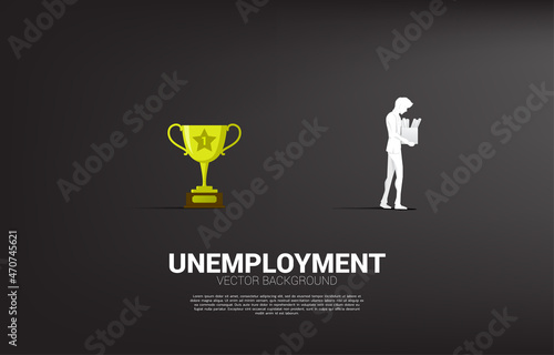 Unemployment man walk away from trophy. business concept for unemployed people.