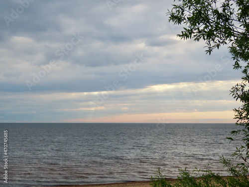 Heavy weather front over Baltic sea, calm blue sea, dark clouds. Some branches silhouettes in foreground