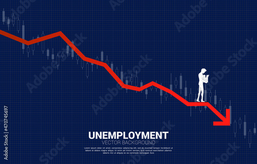 Unemployment man walk away with down graph. business concept for unemployed people and down turn economy.