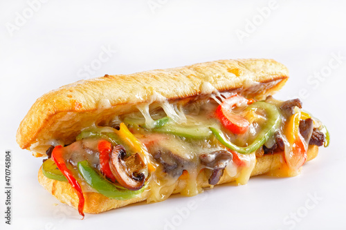 philly steak sandwich with melted cheese, top view