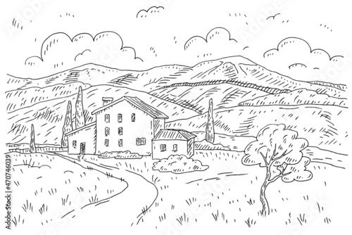 Rural landscape with villa, fields and hills. Vintage engraving isolated on white
