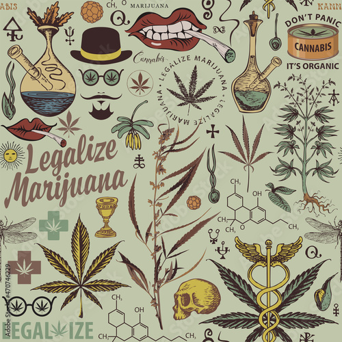 Vector seamless pattern on the theme of legalize marijuana. Repeatable background with hemp leaves, cannabis plants, chemical formulas, hookahs, other color sketches and inscriptions in retro style