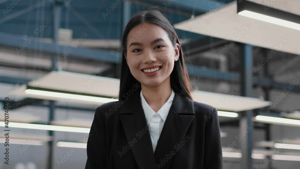 Happy Korean Business Lady Smiling To Camera Posing In Office Happy Korean Business Lady Smiling To Camera Posing In Office