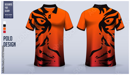 Orange Polo shirt mockup template design for soccer jersey, football kit or sports uniform. Fabric pattern design.