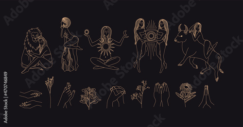 Collection of female silhouettes drawn by line. Astrological symbols. Mythical characters. Mystical women, beautiful esoteric drawings. Print for clothes. Ritual ceremony. Linear magic drawing. 