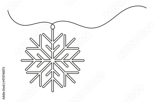 Continuous one line drawing of Christmas snowflake. Christmas snowflake isolated on white background. Vector illustration