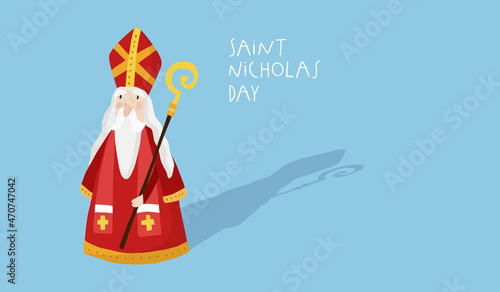 Cute Christmas greeting card. Saint Nicholas, drop shadow and pastoral staff. European winter tradition. Hand-lettered text. Flat cartoon design, isolated vector illustration blue background banner.