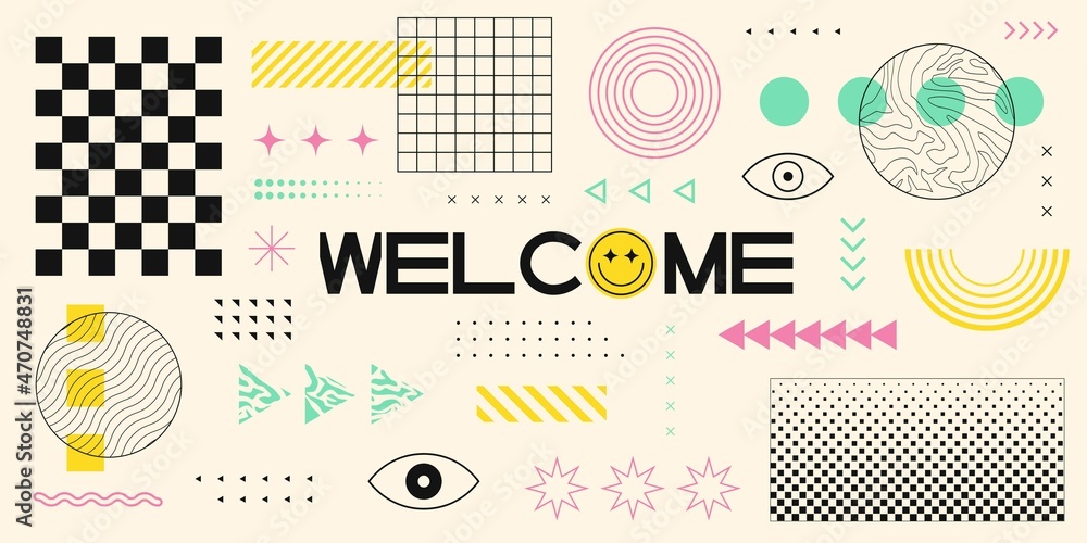 Cool Trendy Abstract Geometric Shapes Background. Welcome Retro Stylized Banner Illustration. Cool Trendy Abstract Geometric Shapes Background. Welcome Retro Stylized Banner Illustration.