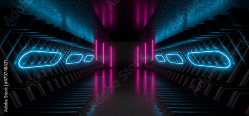 Fototapeta Naklejka Na Ścianę i Meble -  Sci Fy neon lamps in a dark corridor. Reflections on the floor and walls. 3d rendering image.