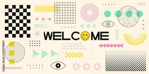 Cool Trendy Abstract Geometric Shapes Background. Welcome Retro Stylized Banner Illustration.