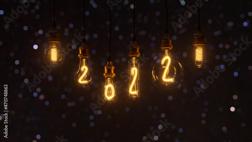 Light bulb New Year background. Edison light bulb. 2022 year. 3d rendering