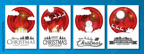 Merry Christmas and Happy Holiday greeting card set with papercut design, Santa, tree, star, snowman, mountains, and holiday landscape. Versatile modern vector template design.
