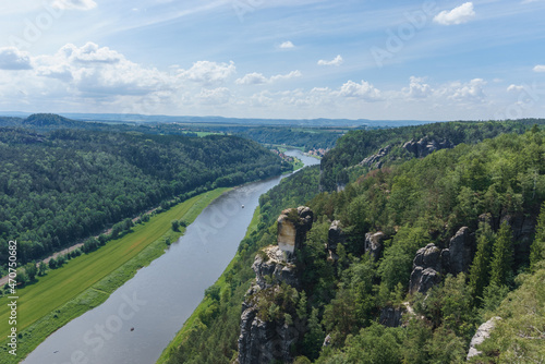 View from Bastei over the valley of the River Elbe with rock formation in foreground, Saxon Switzerland, Germany © Sebastian
