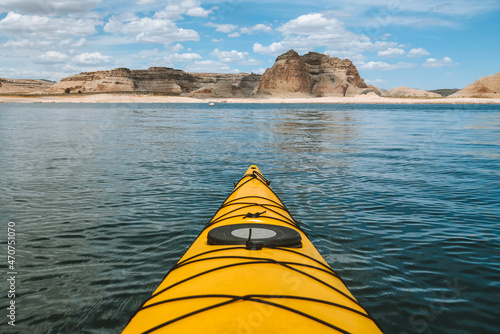 Kayaking in the spring on Lake Powell when the water level is low near Page, Arizona near the Utah border.