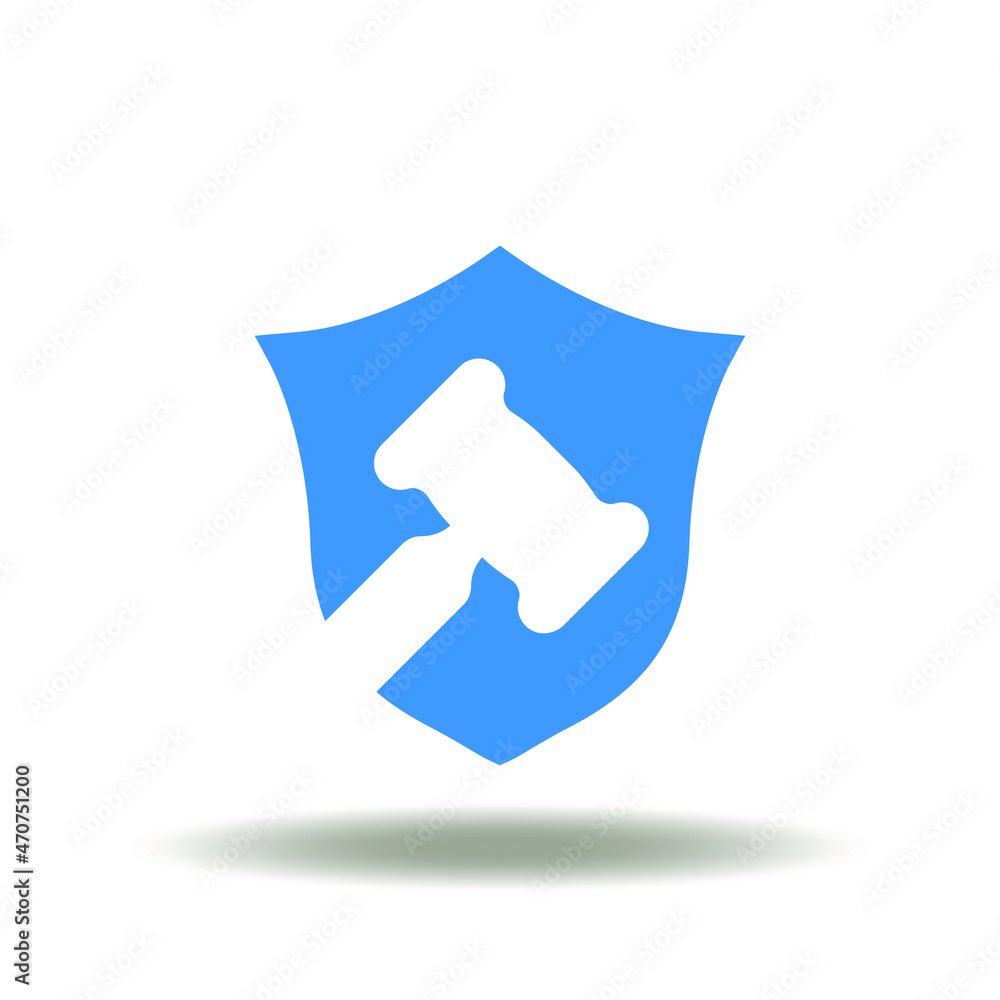 Vector illustration of shield with gavel. Symbol of law. Icon of justice and legislation. Lawyer agency, attorney company, legal service sign. Vector illustration of shield with gavel. Symbol of law. Icon of justice and legislation. Lawyer agency, attorney company, legal service sign.