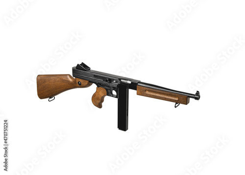 Vintage submachine gun Tommy Gun. Weapons of the army and mafia. Isolate on a white back photo
