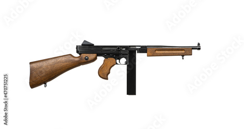 Vintage submachine gun Tommy Gun. Weapons of the army and mafia. Isolate on a white back